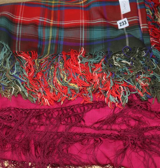 A Scottish 19th century tartan shawl and a silk fringed shawl